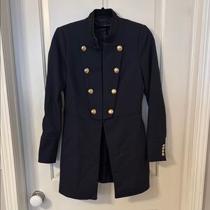 ZARA Basic Collection Elegant Navy Military Coat with Gold Accents